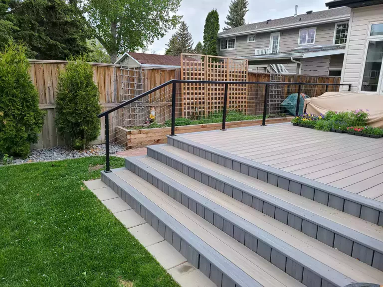 fiberon composite on the deck with cable railing on one side
